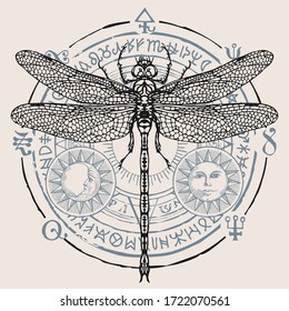 Decorative illustration with a dragonfly, sun and moon on the background of unreadable scribbles written in a circle. Vector hand-drawn banner in retro style