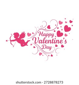 A decorative illustration featuring an angel with an arrow, flying among hearts and decorative swirls that reads Happy Valentine's Day in pink. Perfect for greeting cards, invitations, and other festive designs.
