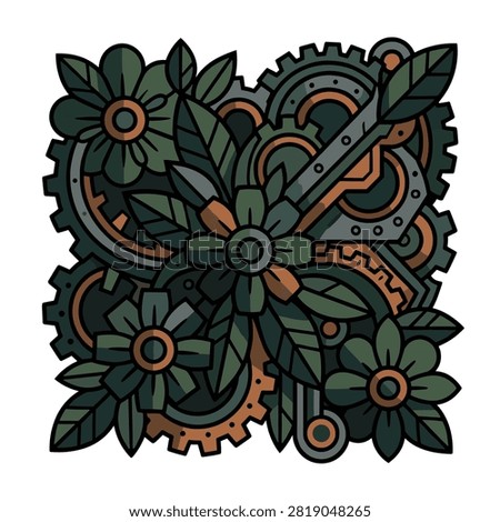 A decorative illustration featuring mechanical gears and organic floral elements