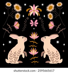A decorative illustration featuring two symmetrical rabbits in a folk art style, adorned with intricate floral patterns. Elegant and Mystical animals, flowers and stars, boho style