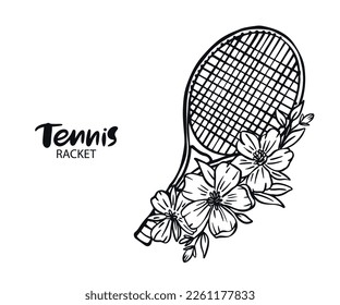 Ilustración decorativa con flores para el tenis. Raqueta vectorial para el diseño deportivo.