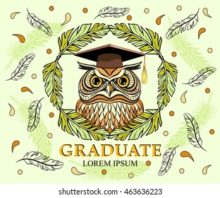 Decorative illustration with a graduate owl. Hand drawn design for logo, print, label, poster, emblem, textile, cloth, paper.