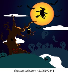 
decorative illustration of graveyard with witch, bats and cursed tree for halloween