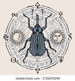 Decorative illustration with a grey beetle, sun and moon on the background of unreadable scribbles written in a circle. Vector hand-drawn banner in retro style