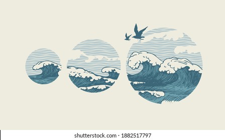 Decorative illustration of hand-drawn sea waves inside circles and flying seagulls on a black background. Vector banner in retro style on the theme of travel, adventure and discovery