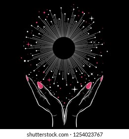 Decorative illustration with hands retro rays in boho style. Astrology and astronomy concept.