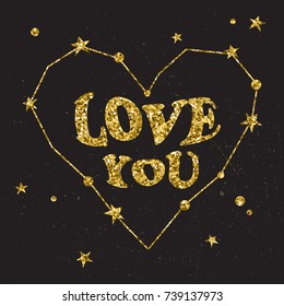 Decorative illustration with heart and lettering. Black and gold hand drawn background vector. Love you, poster design with english text. Stars and constellations. Romantic postcard, night sky