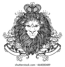 Decorative illustration of heraldic Lion Head with royal crown and ribbon. Vector illustration isolated on white. Hand drawn vintage. Line art tattoo template. Symbol of pride, glory and royalty.