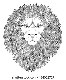 Decorative illustration of heraldic Lion Head. Vector illustration isolated on white. Hand drawn vintage engraved style. Coloring book. Symbol of pride, glory and royalty.