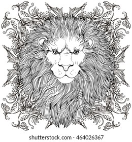 Decorative illustration of heraldic Lion Head over  baroque pattern. Vector illustration isolated on white. Hand drawn vintage engraving. Line art tattoo template. Symbol of pride, glory and royalty.