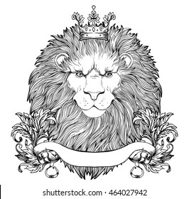 Decorative illustration of heraldic Lion Head with royal crown and ribbon. Vector illustration isolated on white. Hand drawn vintage. Line art tattoo template. Symbol of pride, glory and royalty.