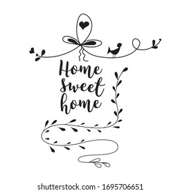 Decorative illustration with houses and lettering. Black and white hand drawn background vector. Home sweet home. Welcome home. Let's stay home.