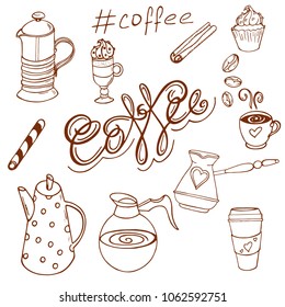 decorative illustration with lettering of coffee drawn by hand, coffee accessories, vector image