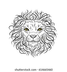 Decorative  illustration with a lion isolated on white. Hand drawn design for logo, print  tattoo, label, poster, emblem, textile, clothes. paper.