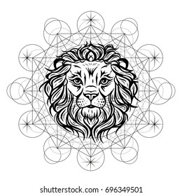 Decorative  illustration with a lion isolated on white. Hand drawn design for logo, print, tattoo, label, poster, emblem, textile, clothes paper.