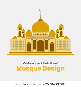 A decorative illustration of a mosque with domes and crescent moon, beautifully designed with a golden color palette representing Islamic culture and architecture.