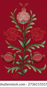decorative red‑background illustration of an ornamental flower with patterned petals, green leaves, and stylized pomegranate fruits.
