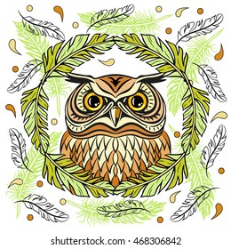 Decorative illustration with an owl and feathers. Hand drawn design for print, label, poster, emblem, logo, textile, cloth, paper.  