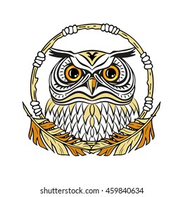 Decorative illustration with an owl isolated on white. Hand drawn design for print, label, poster, emblem, logo, textile, cloth, paper. 