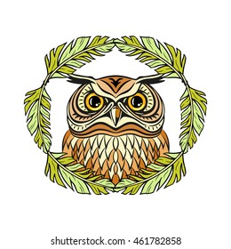 Decorative illustration with an owl isolated on white. Hand drawn design for print, label, poster, emblem, logo, textile, cloth, paper.