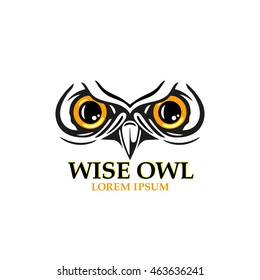 Decorative illustration with an owl isolated on white. Hand drawn design for print, logo, label, poster, emblem,  textile, cloth, paper.  