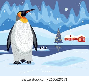Decorative illustration of penguin in nature. Vector design element