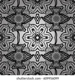 Decorative illustration for print, web. Gray doodles. Gray background. Linear background. Floral seamless pattern with swirl.