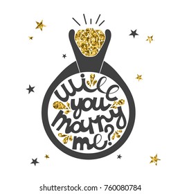 Decorative illustration with ring, stars and lettering. Hand drawn background vector. Will you marry me? Poster design with english text, quote. Greeting card