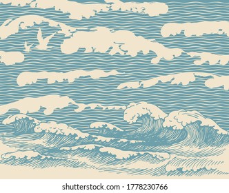 Decorative illustration of the sea or ocean, hand-drawn storm waves with breakers of sea foam. Vector banner or background in retro style with blue waves passing into the sky with clouds