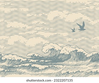 Decorative illustration seamless pattern of hand-drawn sea waves and flying seagulls. Vector banner in retro style on the theme of travel, adventure and discovery