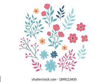 Decorative illustration set of colorful flowers and leaves