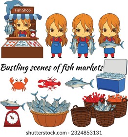 Ilustración decorativa conjunto de artículos de venta en el bazar La mayoría se centra en peces, camarones, mariscos y vendedores.