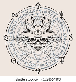 Decorative illustration with a stag-beetle on the background of illegible scribbles written in a circle. Vector hand-drawn banner in retro style on a light background