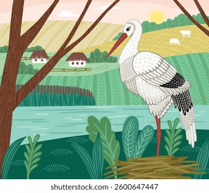Decorative illustration of stork in nature. Vector design element