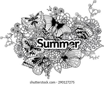 decorative illustration of a summer theme with exotic butterflies and flowers