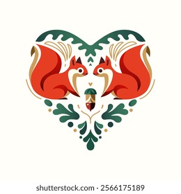 Decorative illustration of two squirrels in the shape of a heart, with an acorn and decorative elements. Vector Illustration. Good for greeting postcard, romantic event, Valentine's Day.