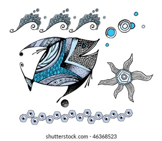decorative illustration of waves and fish