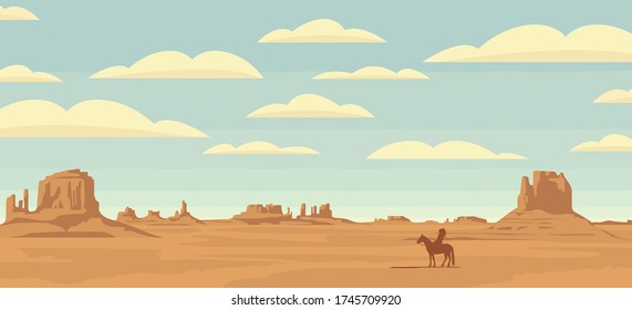 Decorative illustration with wild West prairies and the silhouette of an Indian chief on a horse. Vector landscape with a lone rider in the desert on the background of sky with clouds.