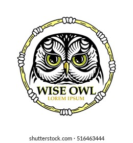 Decorative illustration with a wise owl. Hand drawn design for logo, print, label, poster, emblem, textile, cloth, paper.