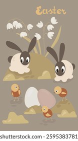 Decorative illustrations with easter symbols. Greeting card. Checkins, egg and rabbits. Vector isolated illustration