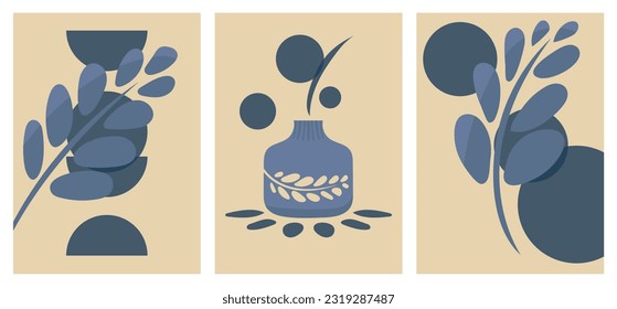 Decorative illustrations a set of abstract colored paper art illustrations. Muted colors beige, blue vase with a plant