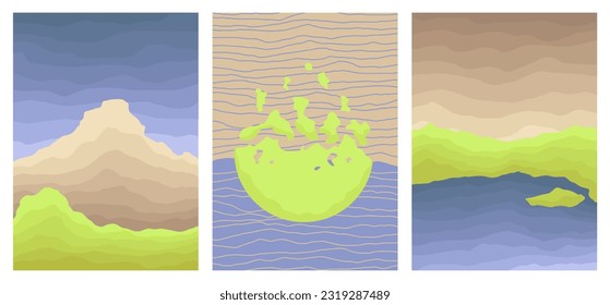 Las ilustraciones decorativas son un conjunto de ilustraciones abstractas de papel coloreado. Colores contrastantes azul verde, montañas