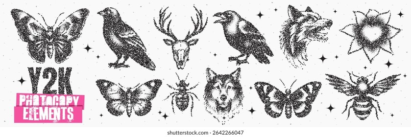 Decorative illustrations showcasing various wildlife including birds, insects, and a deer, infused with Y2K aesthetics. Each design features intricate detailing and vintage influences.