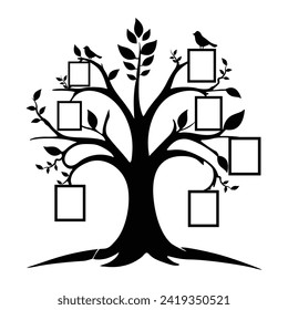 Decorative image album tree a black silhouette family tree with image album and birds for wall sticker design