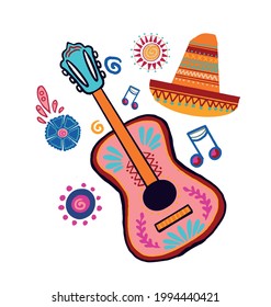 Decorative image of a bright guitar and a Mexican hat.
Vector. Decorative symbols and flowers.