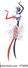 Decorative image of a dancing girl, adorned with a garland of flowers