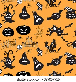 decorative image of different attributes to the day of Halloween in cartoon style