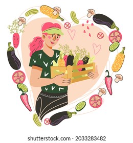 Decorative image for farm food  with  farmer female cartoon character presenting crop of vegetables and fruits. Eco market and harvest festival, vegetarian shop emblem or logo, flat vector isolated on