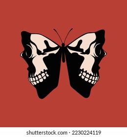 decorative image in the form of a butterfly made of skulls.vector illustration isolated on red background.hand drawn elements.decorative stylization.modern design for tattoo,t shirt,poster,sticker,etc