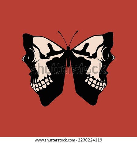 decorative image in the form of a butterfly made of skulls.vector illustration isolated on red background.hand drawn elements.decorative stylization.modern design for tattoo,t shirt,poster,sticker,etc